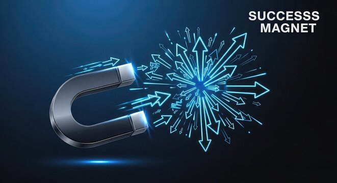 Glowing success magnet attracting arrows symbolizing achievement and growth in business and personal development