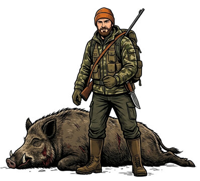 Hunter with wild boar illustration