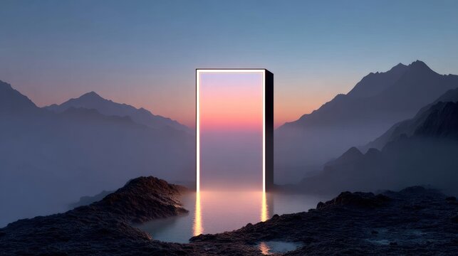 Mysterious glowing rectangular monolith stands amidst misty mountains at twilight beside still water