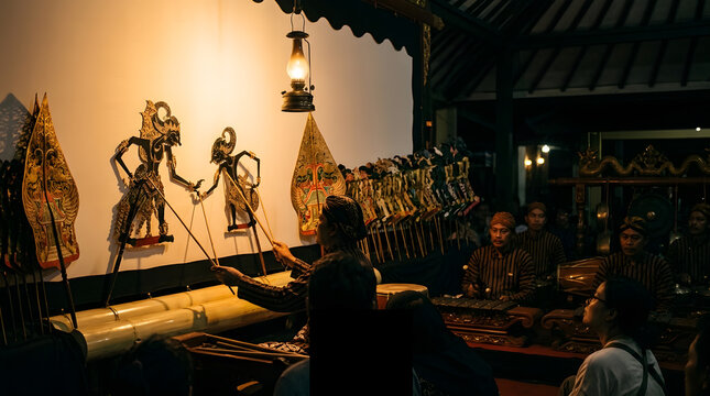 Captivating Javanese Wayang Kulit shadow puppet show, where a skilled dalang animates intricate figures to traditional gamelan music, creating a rich cultural storytelling experience