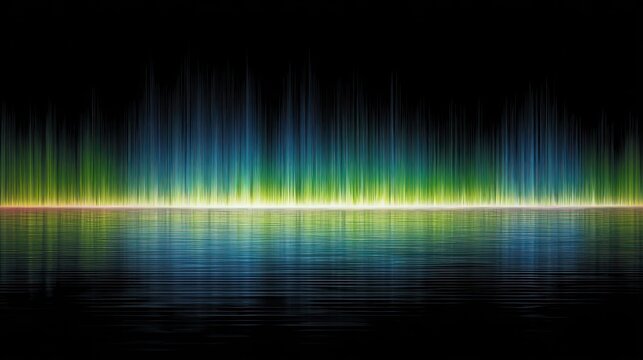 Vibrant vertical light bars pulse across a dark background reflecting on water.