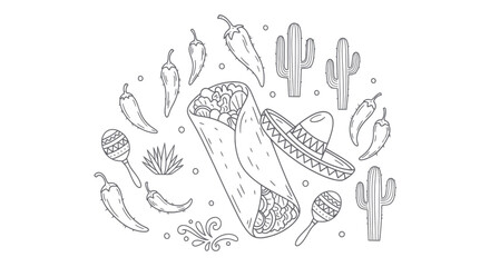Naklejka premium Mexican Fiesta Doodle Art: Burrito, Chili Peppers, Cacti, Sombrero, Maracas