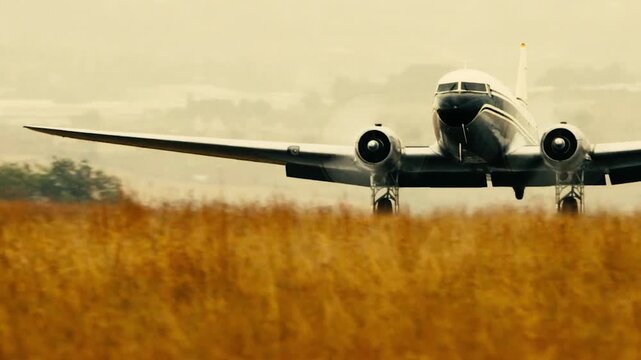 Aeroplane landing safely at daytime in a landscape 4k video background stock