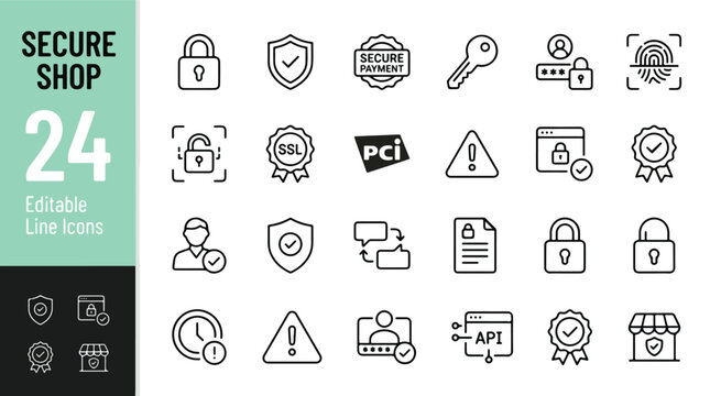 Cybersecurity and Secure Shop Icon Pack - SSL, Payment, and Data Protection Editable Line Icons