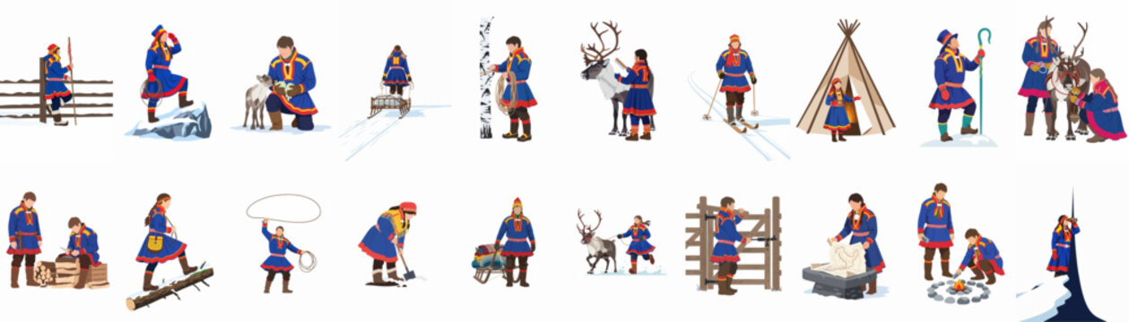 Collection of vector illustrations depicting traditional Sami people lifestyle, reindeer herding, and arctic activities in snowy landscapes on a white background.