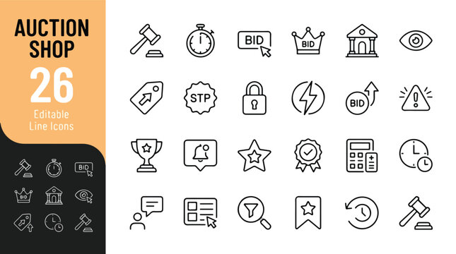 Auction Shop Line Icons - Bidding, Gavel, Timer, Sale, and Business Icons. Editable Vector Set.