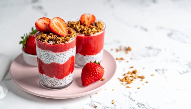 Strawberry chia seed pudding with granola layers in glass cups on pink plate