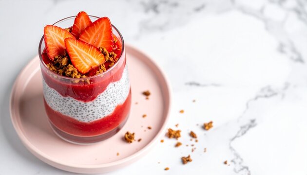 Strawberry chia seed pudding with granola in a glass cup on pink plate white marble background