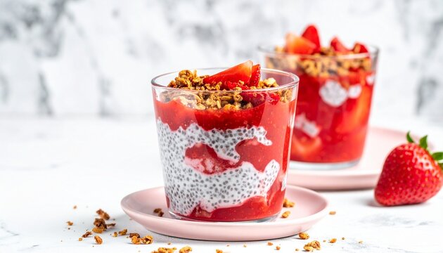 Delicious strawberry chia seed pudding with granola topping in clear glasses on pink plates