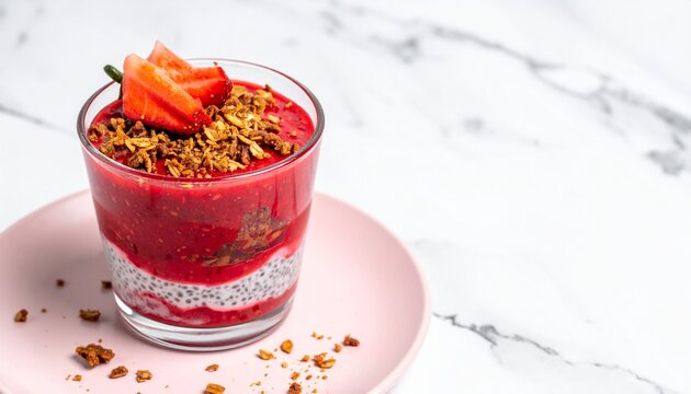 Delicious layered chia seed pudding with granola and fresh strawberries in a glass cup on a pink plate