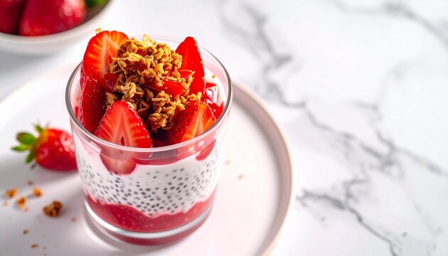 Strawberry chia seed pudding with granola layers in a clear glass cup on marble surface