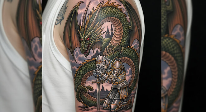 Detailed fantasy arm tattoo portraying a valiant knight confronting a powerful green dragon amidst ancient castle ruins and dramatic clouds, showcasing intricate mythical body art