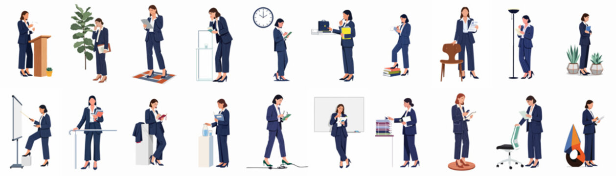 Businesswoman character set in various office poses and activities, including presenting, reading, and taking notes, isolated on a white background.