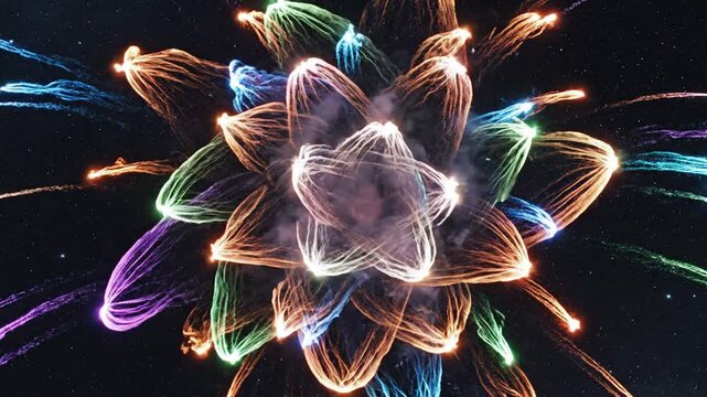Cinematic 3D animation of a vibrant supernova explosion in deep space with multicolored light beams and cosmic gas clouds radiating from a brilliant central core.