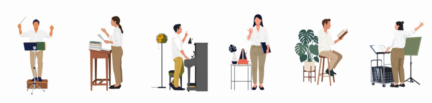 Flat vector illustration collection of diverse people engaged in musical activities, including conducting, playing the piano, and studying, isolated on white.