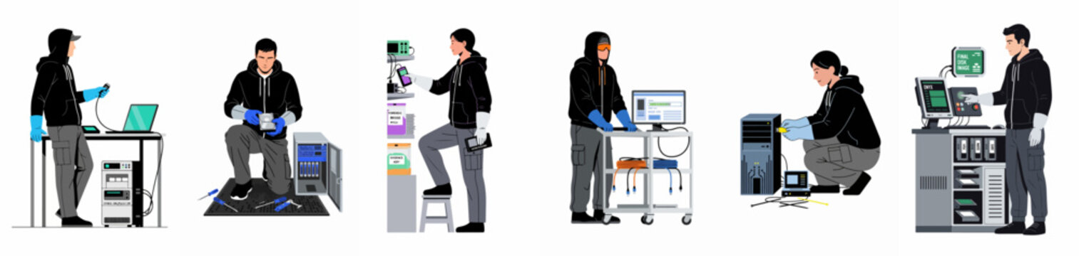 Vector illustrations showing IT professionals and digital forensic experts working with computer hardware, servers, and data recovery equipment in a laboratory setting.