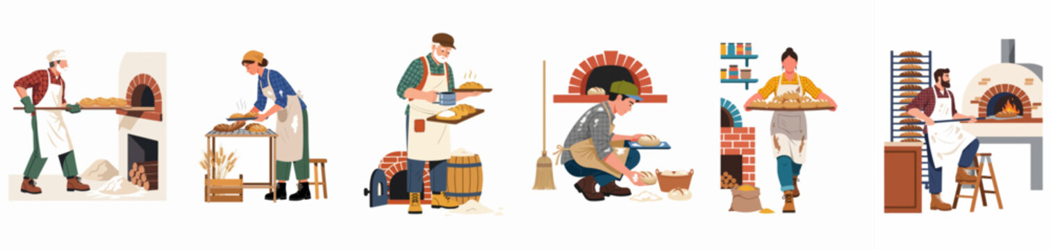 Collection of diverse professional bakers working in traditional artisan bakeries, preparing fresh bread in wood-fired ovens, isolated on white background.