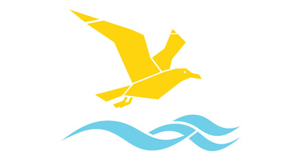 Obraz premium Geometric Seagull Flying Over Blue Waves, Minimalist Style