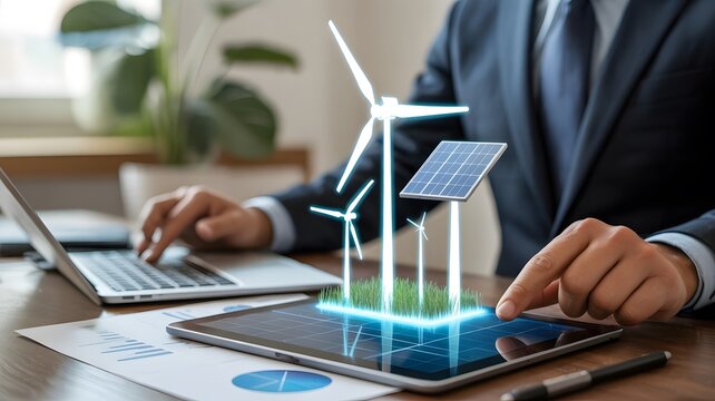 Professional Businessman Analyzing Renewable Energy Data with Holographic Wind Turbines and Solar Panels on Tablet for Sustainable Development Strategy and Green Technology Investment Concept