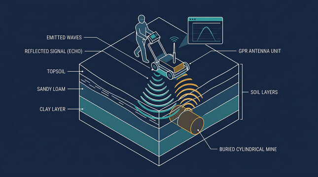 Demining robot detects buried landmines using ground penetrating radar technology for safe clearance operations