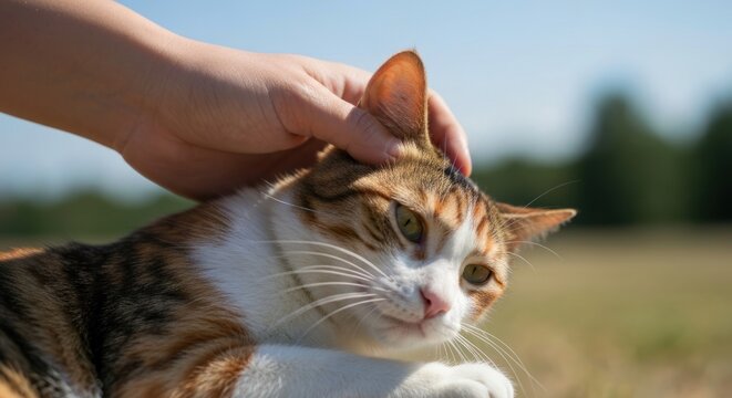 Contented Cat - A Gentle Hand Petting a Tabby Outdoors.