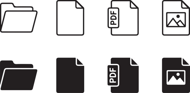 Set of black and white outline icons for files and folders with pdf file image file system line art computer science document documents organization information management paperwork