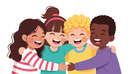 Group of Happy Diverse Kids Hugging, Smiling, and Expressing Joyful Friendship – Celebrating Childhood Unity and Inclusivity Together © Grogolan