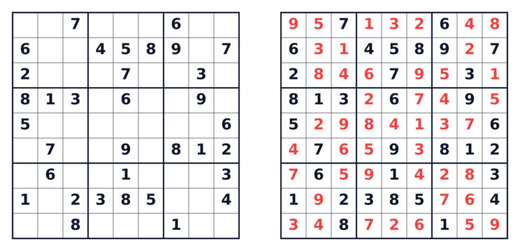 Classic Sudoku puzzle grids with numbers in black and red  