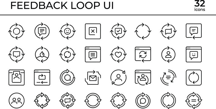 Feedback loop UI outline icon set with customer reviews, communication, refresh cycles and user response symbols