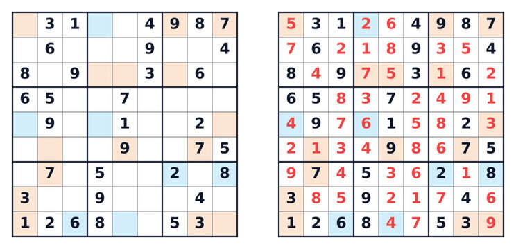 Sudoku puzzle grid showcasing even and odd numbers in red and blue 