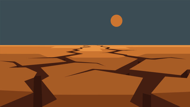 Barren desert landscape under a dusky sky with a full moon or sun shining brightly