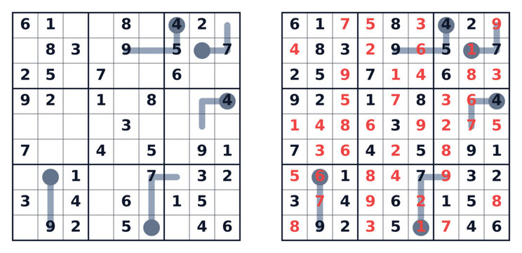 Sudoku puzzle with markings and solved numbers on grid layout  