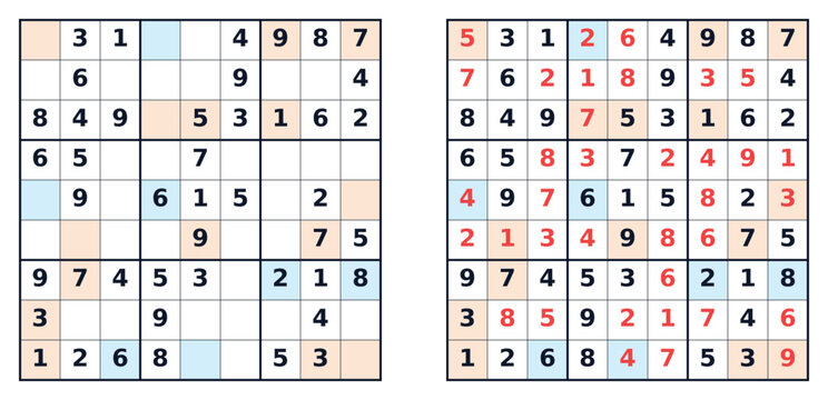 Sudoku puzzle grids showing empty and completed solutions side by side  