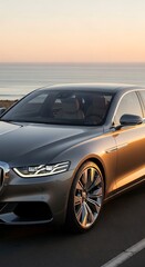 Obraz premium Modern luxury sedan car parked on the coastal road at sunset.
