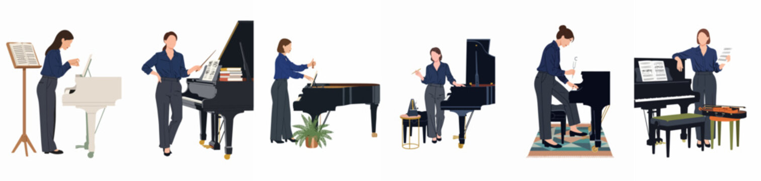 Collection of flat vector illustrations of a female pianist and music teacher in various poses with grand pianos, sheet music, and instruments.