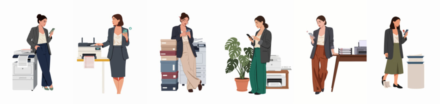 Professional businesswomen in various office scenarios using smartphones near printers and copiers, flat vector illustration set isolated on white background.