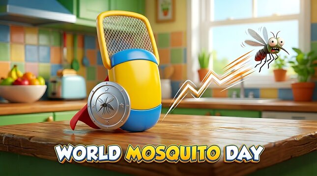 World Mosquito Day concept with a cartoon fly and a superhero fly swatter on a kitchen counter