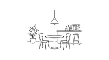Obraz premium Modern Minimalist Cafe Interior Line Art Illustration with Coffee Machine Table and Chairs