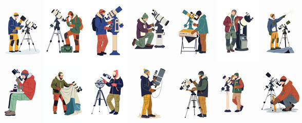 Fototapeta premium Collection of flat illustrations showing various people in winter clothing observing the night sky using professional telescopes and astronomical equipment.