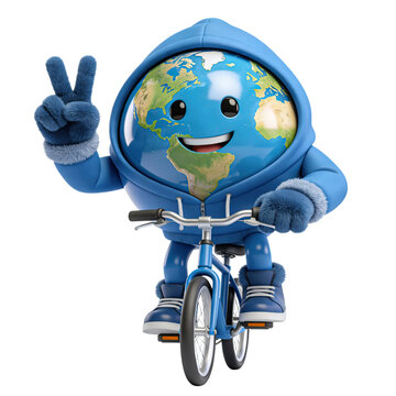 Cute Earth Character Riding Bicycle 3D Cartoon Eco Mascot Isolated on Transparent Background, Generative AI