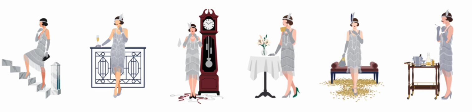 Set of elegant 1920s flapper girl illustrations in silver fringe dress, featuring various vintage party scenes on a white background.