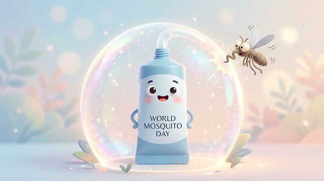 Cute mosquito repellent cream tube character protected by a bubble shield against a mosquito for World Mosquito Day