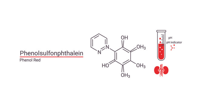 Vector illustration of Phenolsulfonphthalein (Phenol Red) chemical structure, featuring a test tube pH indicator and kidney icon for medical diagnostics.