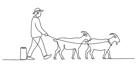 A farmer walking and leading two goats on a rope in a simple continuous line drawing style for a minimalist farm lifestyle concept illustration © Jagonnath
