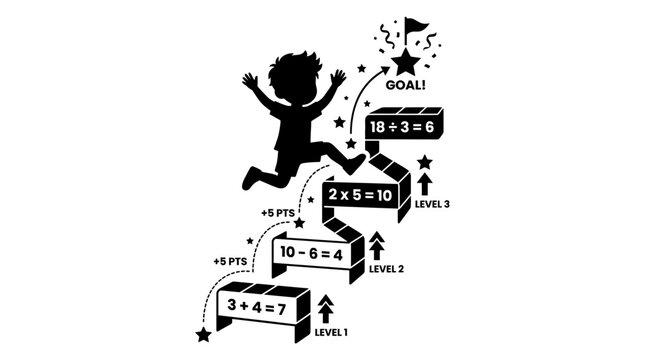 Educational math progress game illustration with child climbing steps towards goal.
