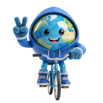 Cute Earth Character Riding Bicycle 3D Cartoon Eco Mascot Isolated on Transparent Background, Generative AI
