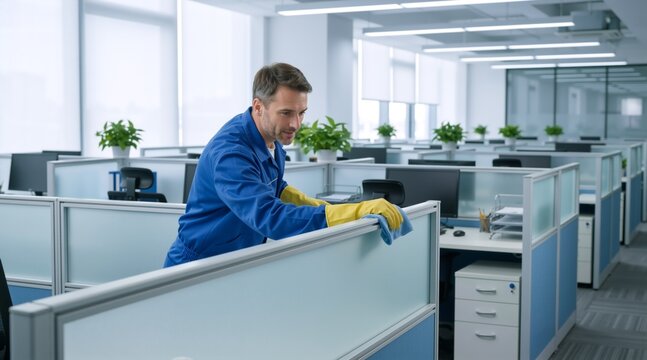 Male janitor cleaning cubicle partitions in large office. Professional worker in blue uniform sanitizing workstations. Corporate facility maintenance service