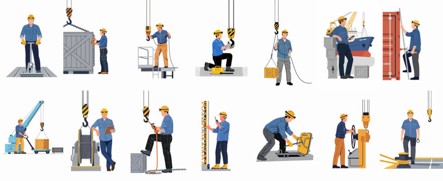 Industrial workers and dockers set performing various tasks including cargo handling, crane operation, and equipment maintenance in a port or shipyard setting.