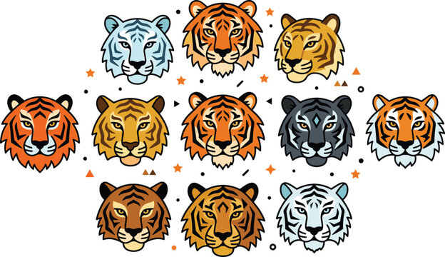 Tiger Head Mascot and Icon Collection Featuring Diverse Orange, White, and Black Wild Bengal Tiger Face Vector Designs