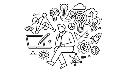 Fototapeta premium Creative thinking concept with human character pondering ideas and modern tech symbols.